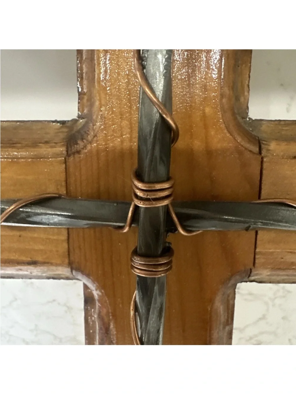 Wooden Cross Spike Nails Wire Polished Rough Wood Wall Hanging 14”x10” HANDMADE